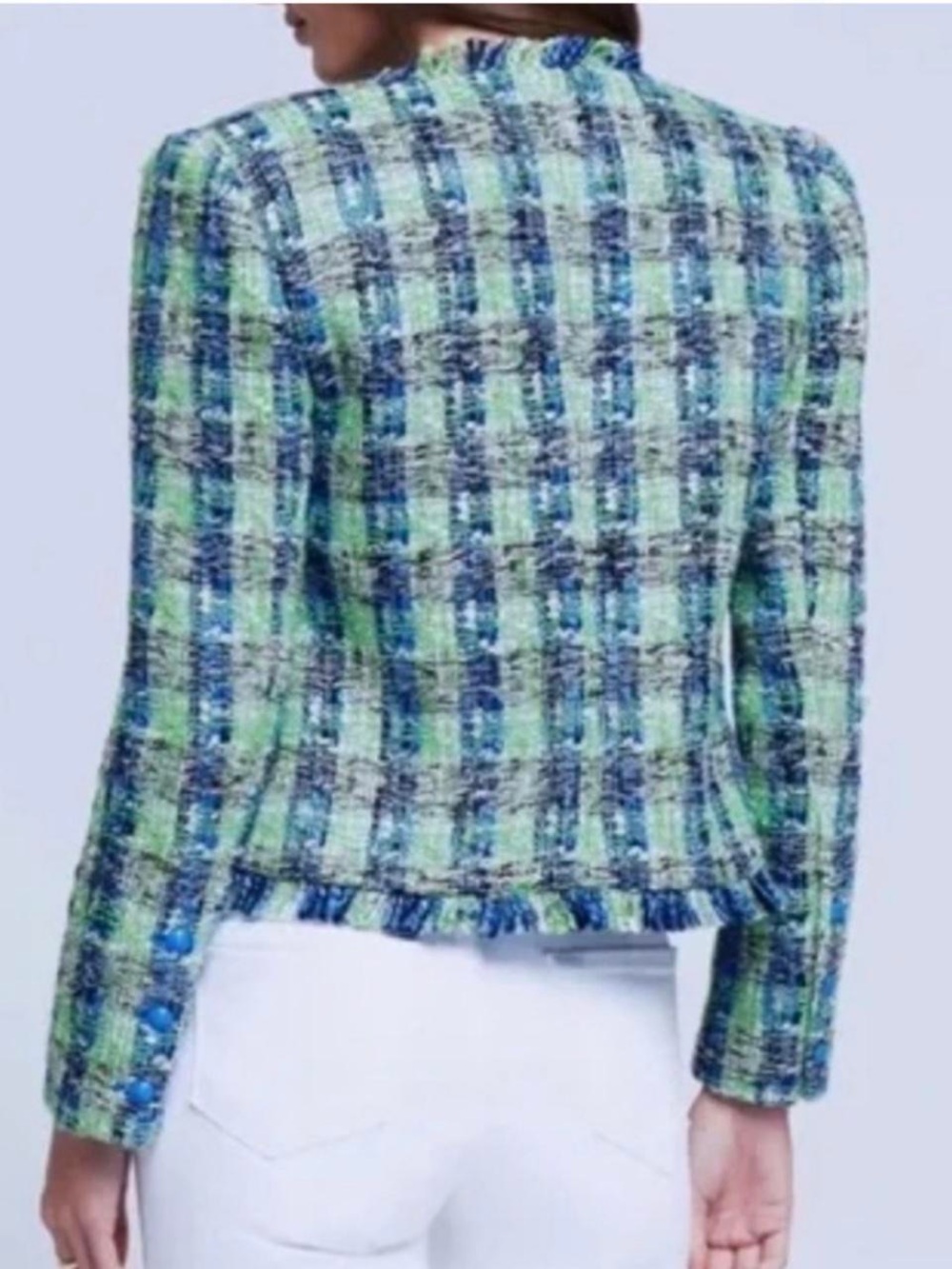 L'Agence Angelina Tweed Jacket Womens 8 Green Blue Plaid Excellent Fringe Trim - Picture 2 of 11